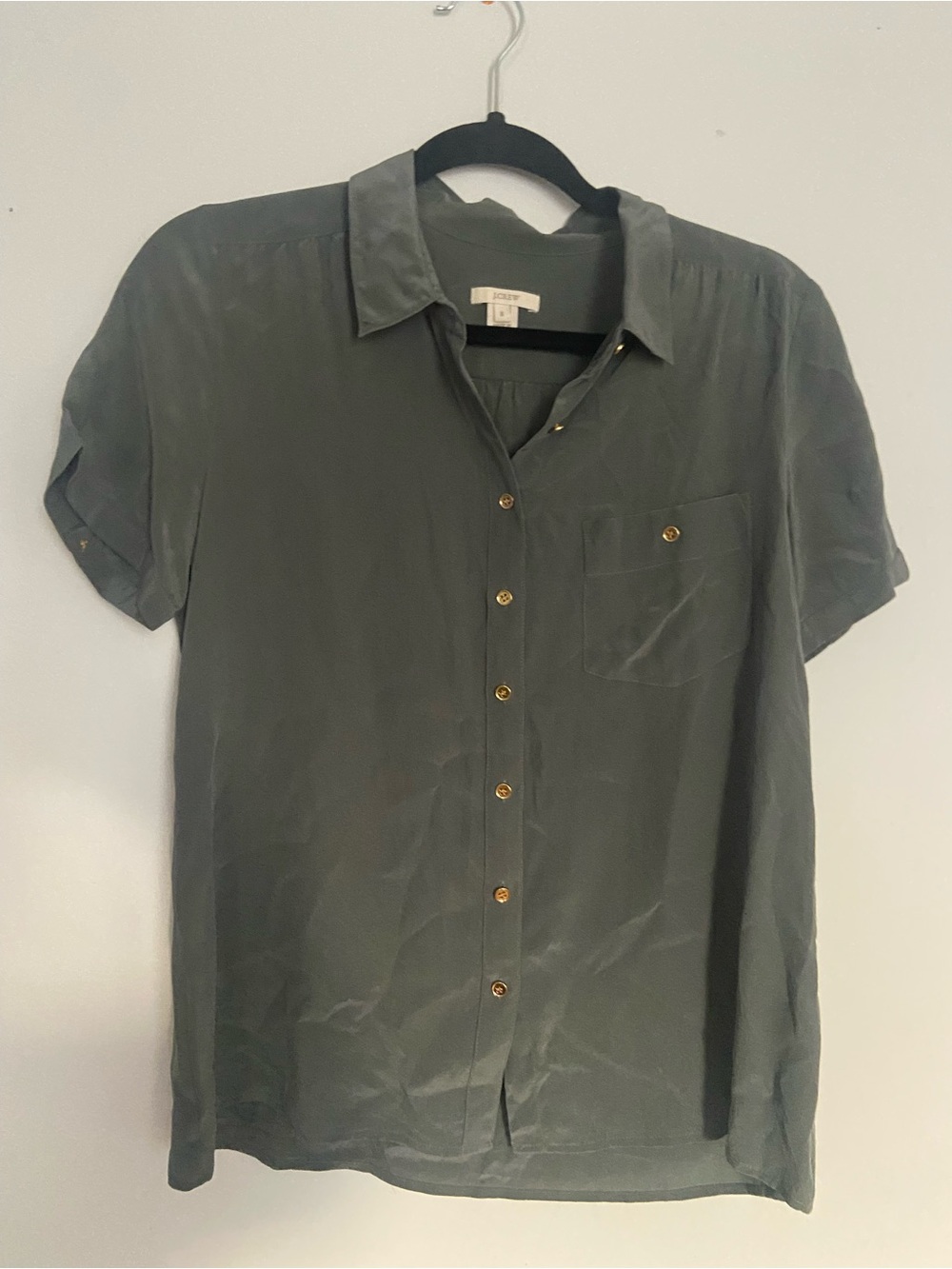 Gorgeous EUC J.Crew 100% Silk Slate Grey Green Button Down Shirt Top Blouse US 8